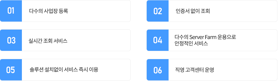 01.다수의 사업장 등록, 02.인증서 없이 조회, 03.실시간 조회 서비스, 04.다수의 Server Farm 운용으로 안정적인 서비스, 05.솔루션 설치없이 서비스 즉시 이용, 06.직영 고객센터 운영. 