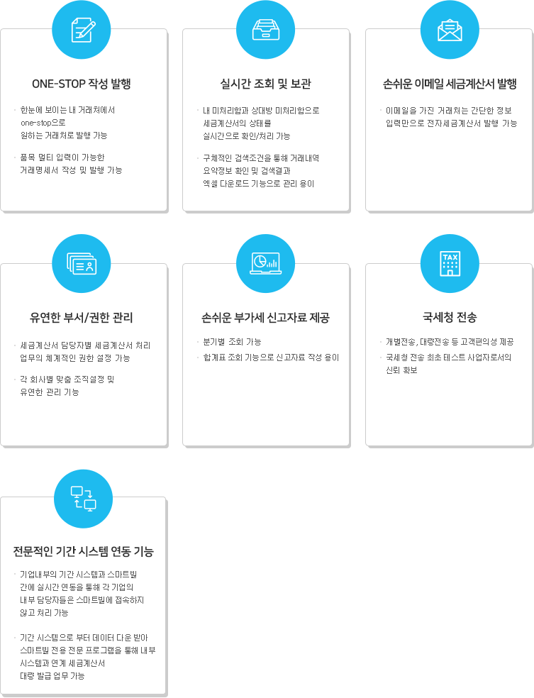 One-Stop 작성 발행 / 실시간 조회 및 보관 / 손쉬운 이메일 세금계산서 발행 / 유연한 부서/권한 관리 / 손쉬운 부가세 신고자료 제공 / 국세청 전송 / 전문적인 기간 시스템 연동 기능
